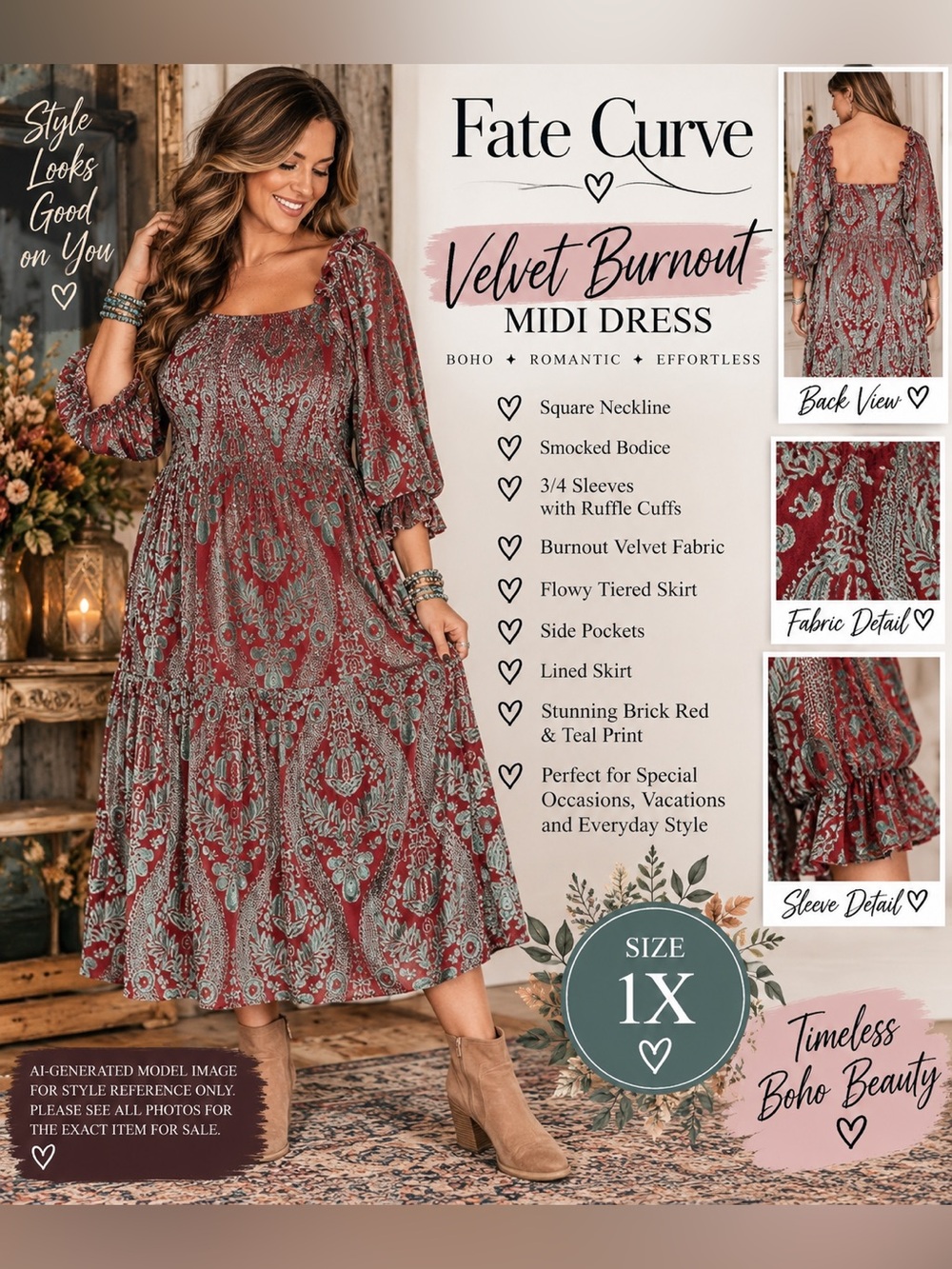 FATE CURVE BRICK RED & TEAL VELVET BURNOUT MIDI DRESS • SIZE 1X